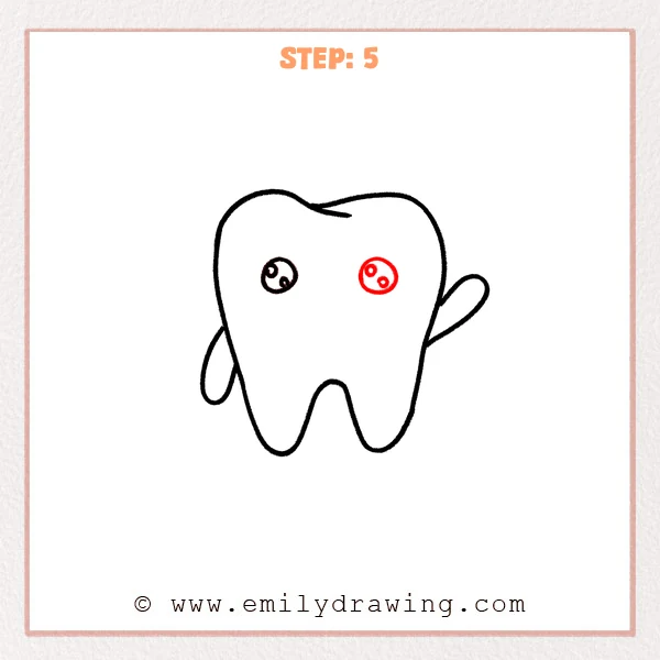 how to draw a cartoon tooth - Cartoon tooth character with two matching circular eyes added, each with tiny highlights and simple curved inner details.